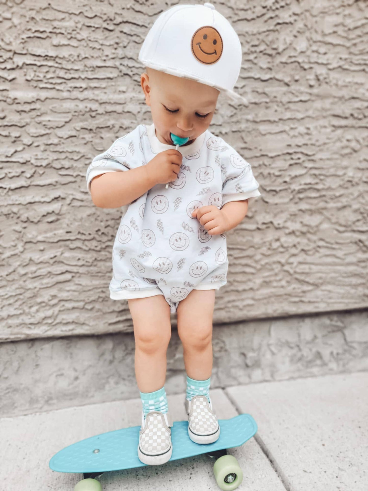 Unisex Tan Check Happy Face & Lightning Bolt Bubble Romper