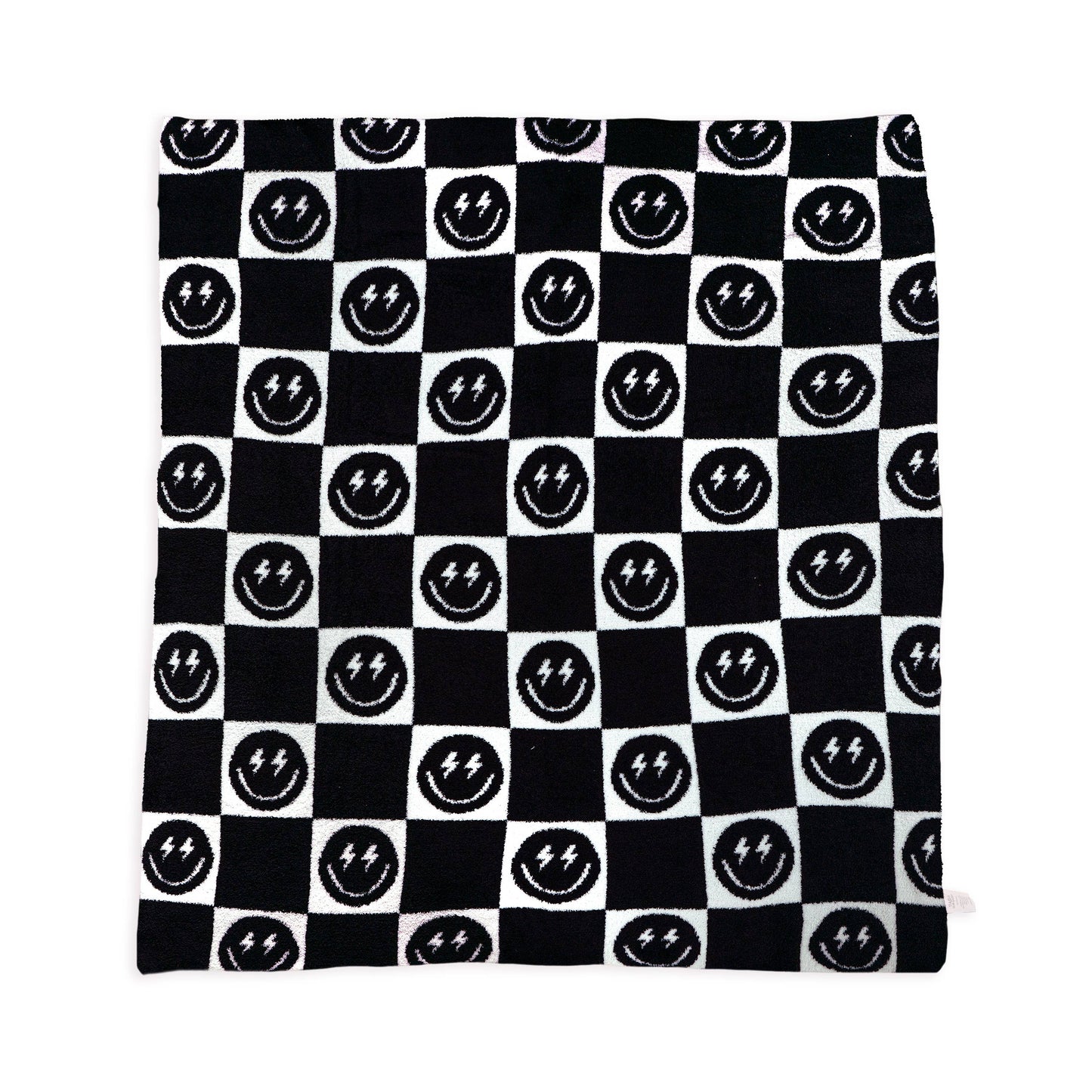 Throw Blanket - Checkered w/ Happy Faces -Black & White