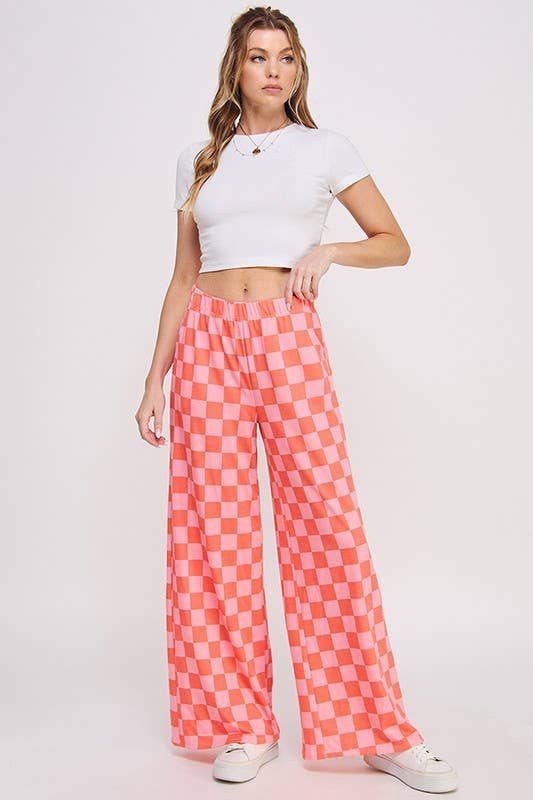 HIGH WAIST CHECKERED STRAIGHT LEG KNIT PANTS