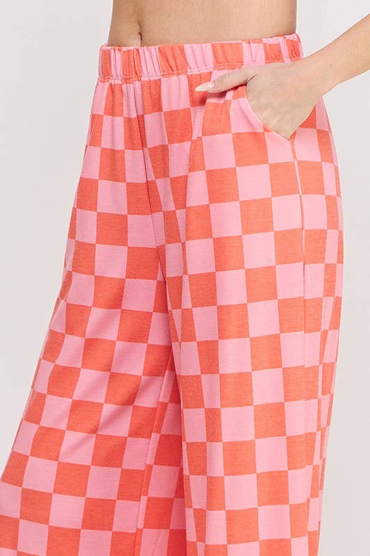HIGH WAIST CHECKERED STRAIGHT LEG KNIT PANTS