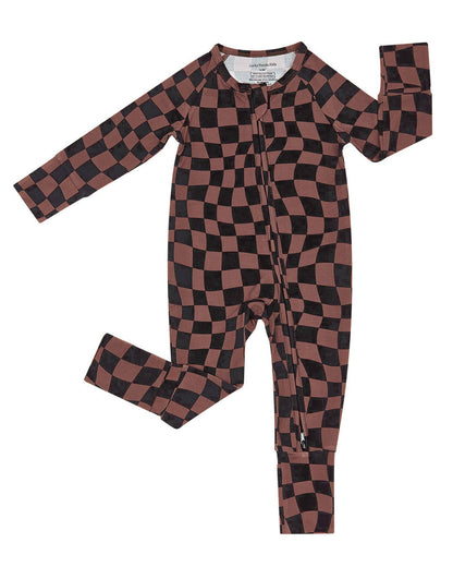 Bamboo Zip Romper | Chocolate Wavy Checkered