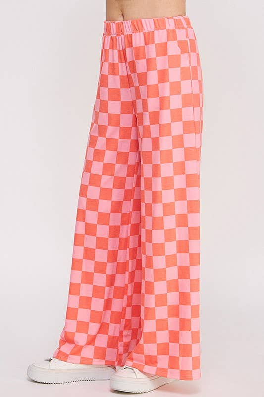 HIGH WAIST CHECKERED STRAIGHT LEG KNIT PANTS